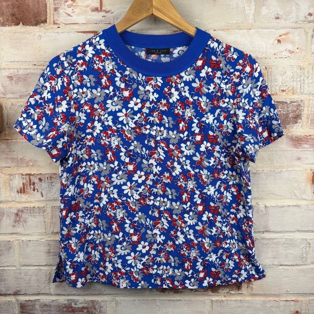 rag & bone Blue Floral Viscose Tee Top Easy Summer Casual Size Small
